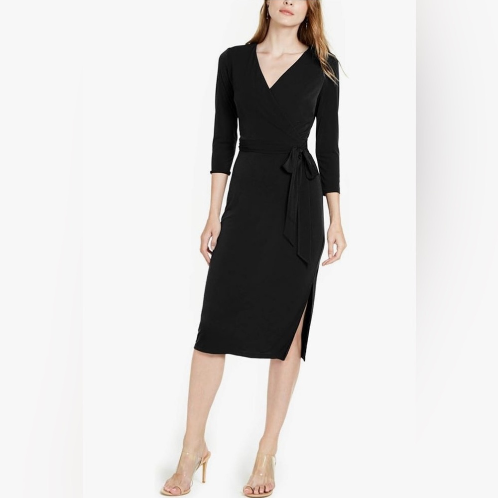 INC International Concepts Black Faux Wrap Midi Dress Flattering waist belt tie